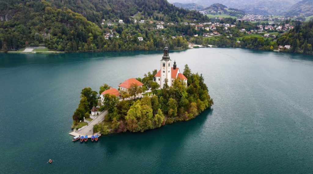 Lake Bled, Slovenia. Island on Lake Bled with rowboat.
