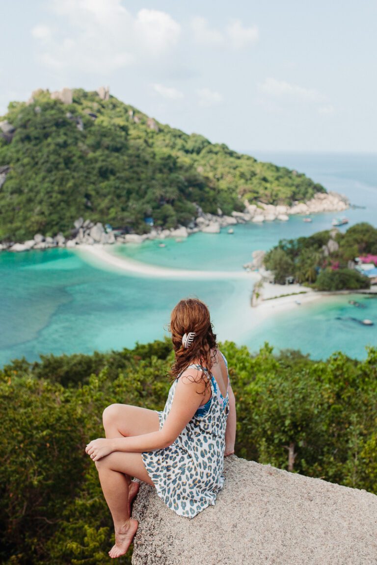 woman at viewpoint looking over Koh Nang Yuan