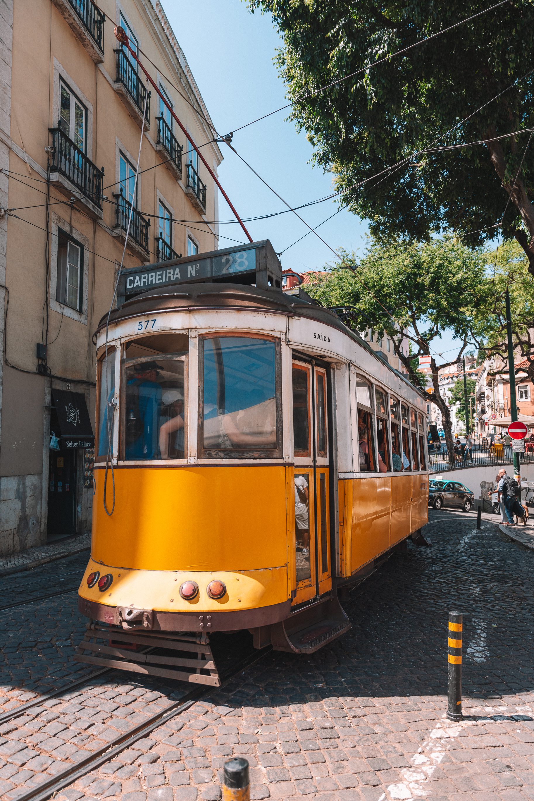 yellow Tram 28 in Alfama Lisbon
