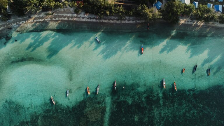 longtail boats floating in blue water off coast of koh tao in thailand
