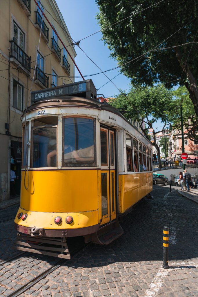 yellow tram 28 cable car in Alfama lisbon neighborhood